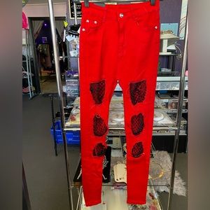 Red denim skinny jeans